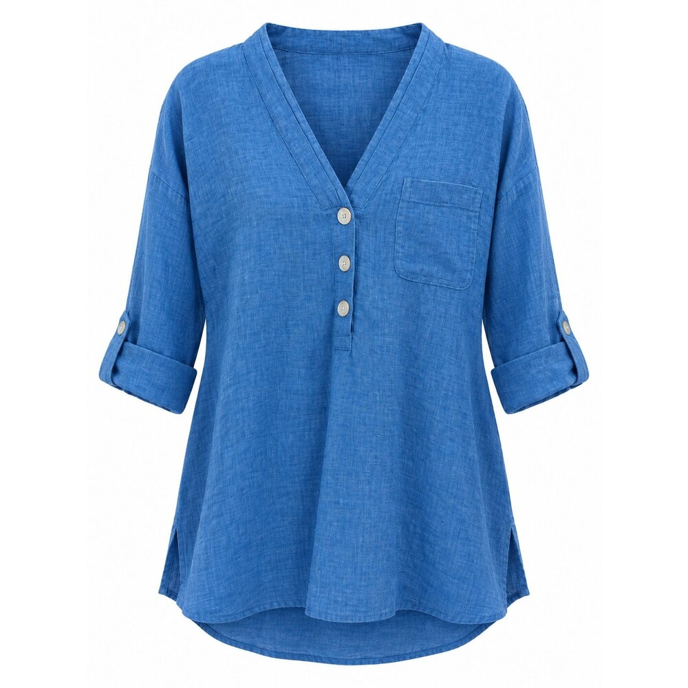 J. JILL Pure Jill 100% Linen Tunic Womens Sz L Button-Front Top Blue Lightweight
